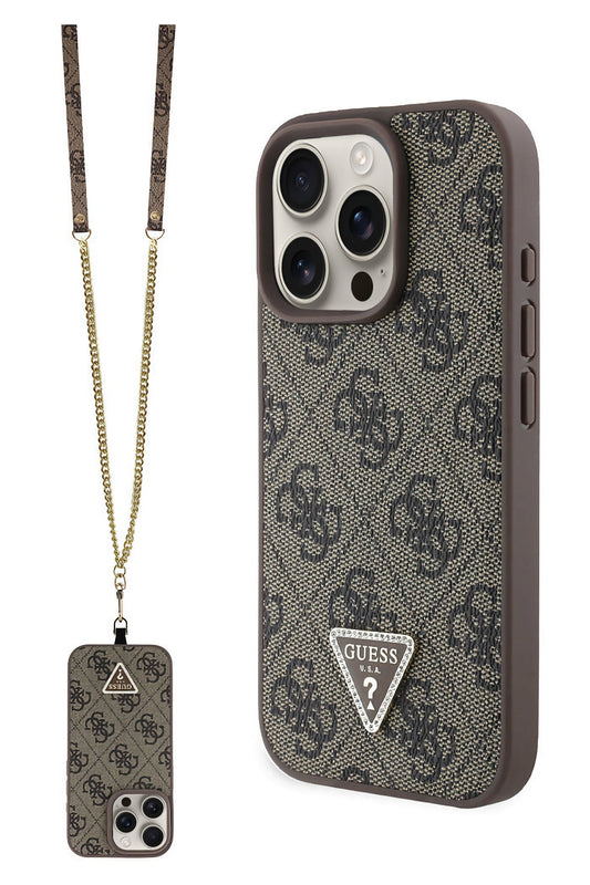 Guess Strass iPhone 16 Pro Max Uyumlu 4G Desenli Vücut Askılı Kılıf Kahverengi