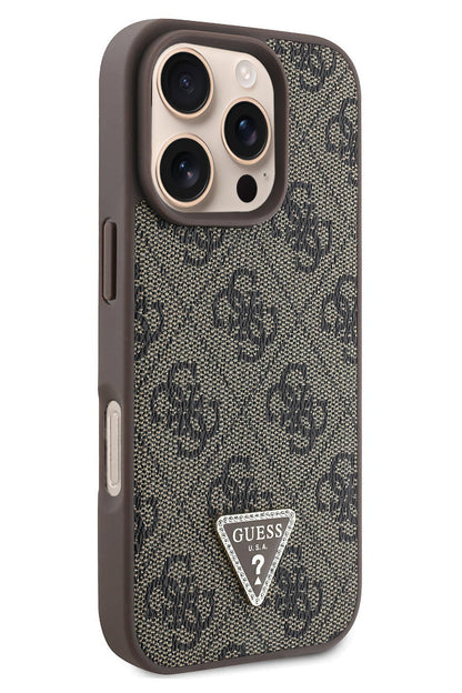 Guess Strass iPhone 16 Pro Max Uyumlu 4G Desenli Vücut Askılı Kılıf Kahverengi
