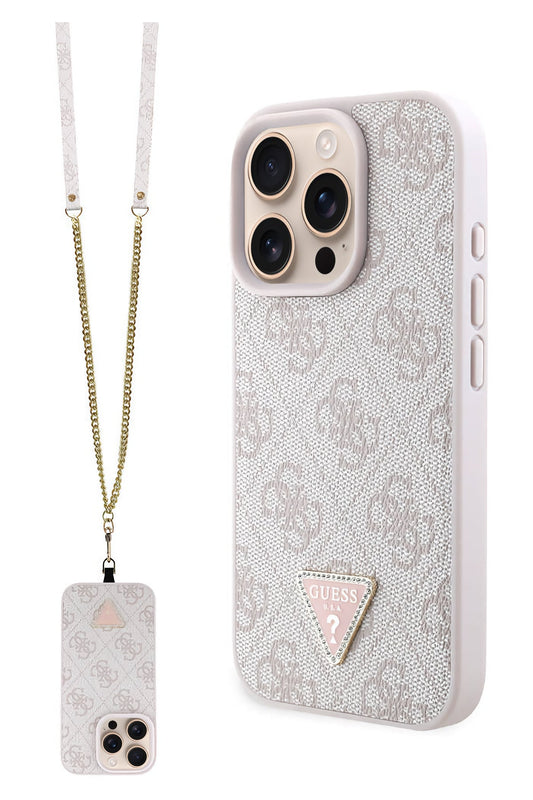 Guess Strass iPhone 16 Pro Max Uyumlu 4G Desenli Vücut Askılı Kılıf Pembe