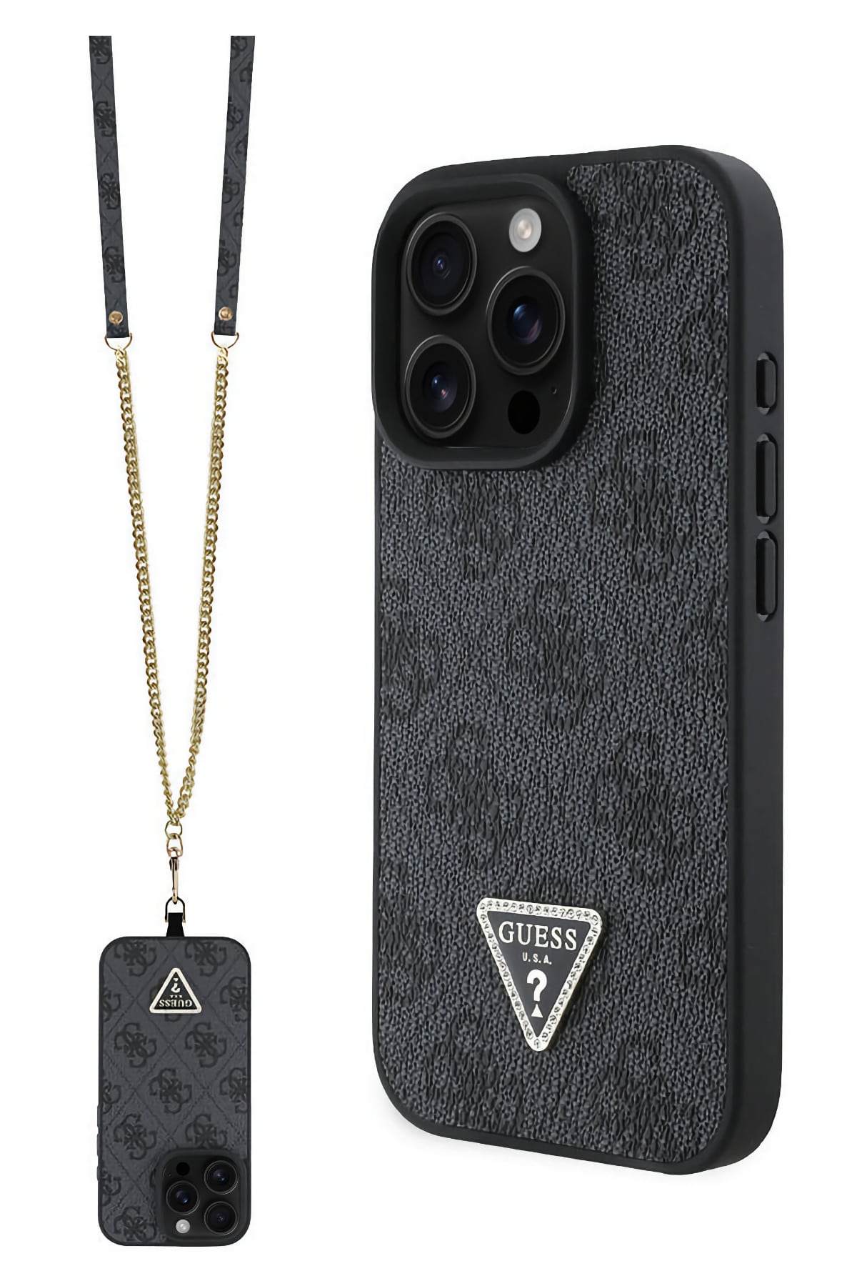 Guess Strass iPhone 16 Pro Max Uyumlu 4G Desenli Vücut Askılı Kılıf Siyah