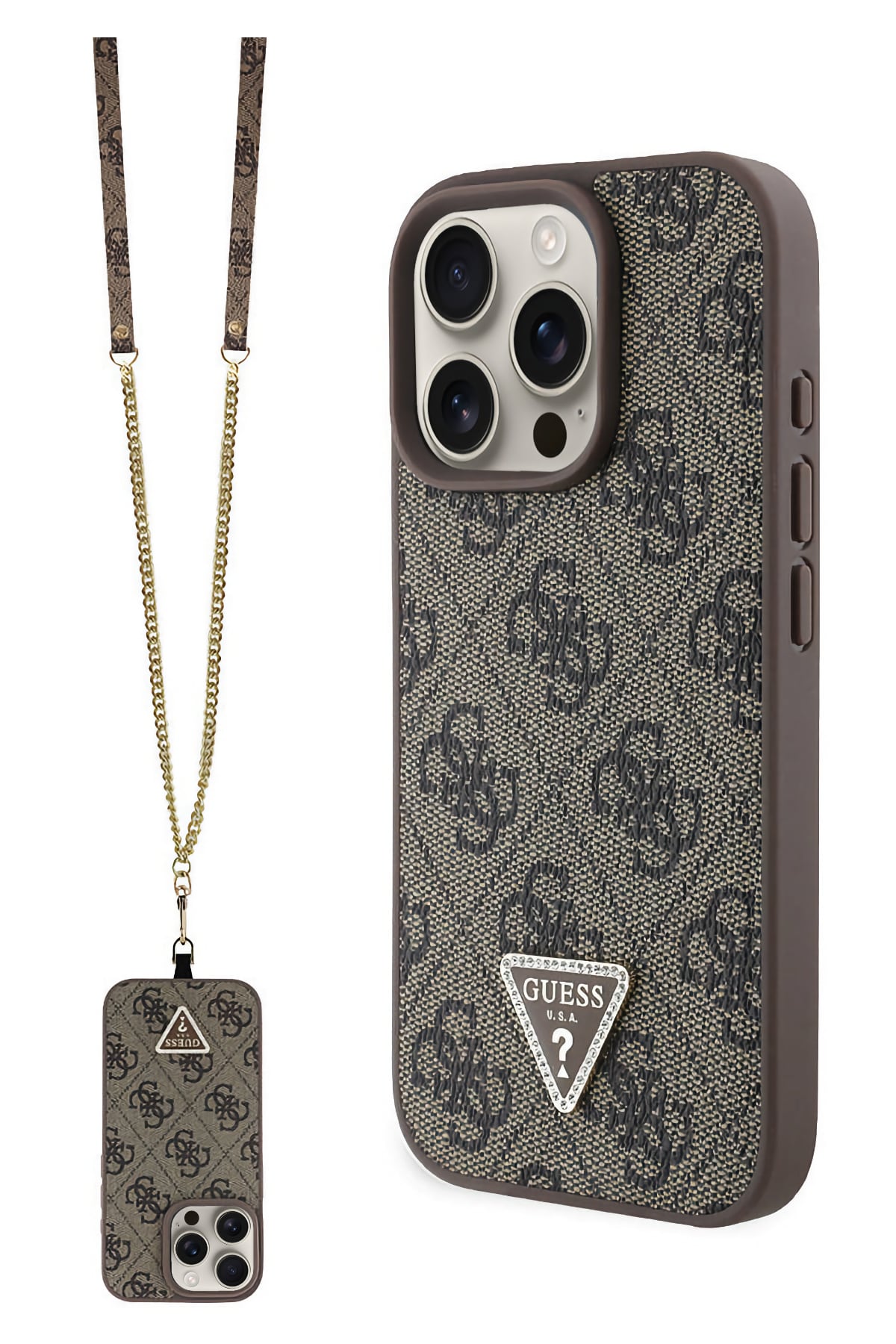 Guess Strass iPhone 16 Pro Uyumlu 4G Desenli Vücut Askılı Kılıf Kahverengi