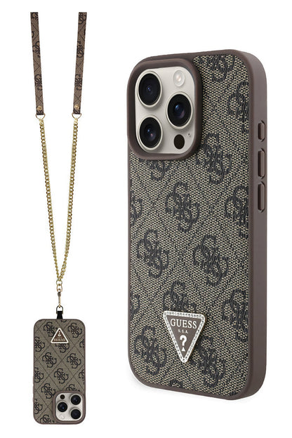 Guess Strass iPhone 16 Pro Uyumlu 4G Desenli Vücut Askılı Kılıf Kahverengi