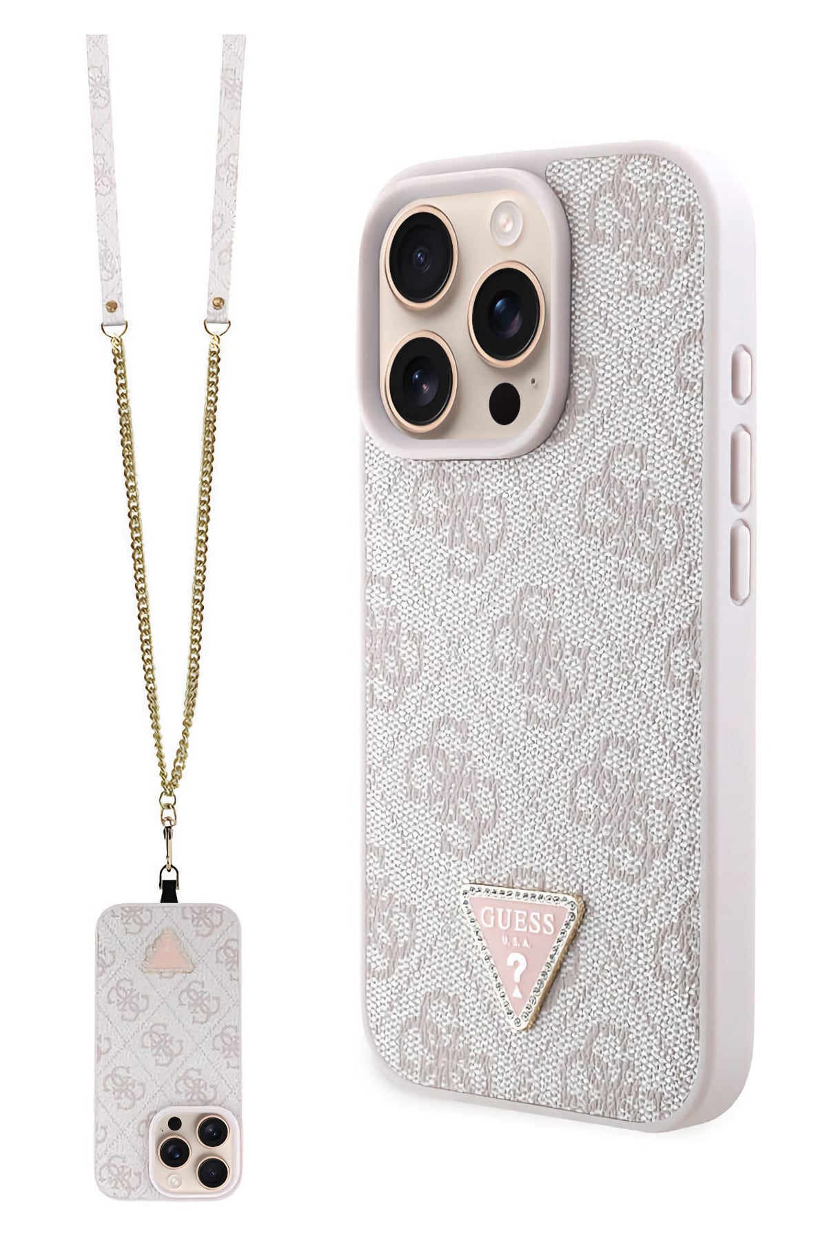 Guess Strass iPhone 16 Pro Uyumlu 4G Desenli Vücut Askılı Kılıf Pembe
