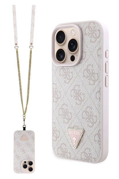 Guess Strass iPhone 16 Pro Uyumlu 4G Desenli Vücut Askılı Kılıf Pembe