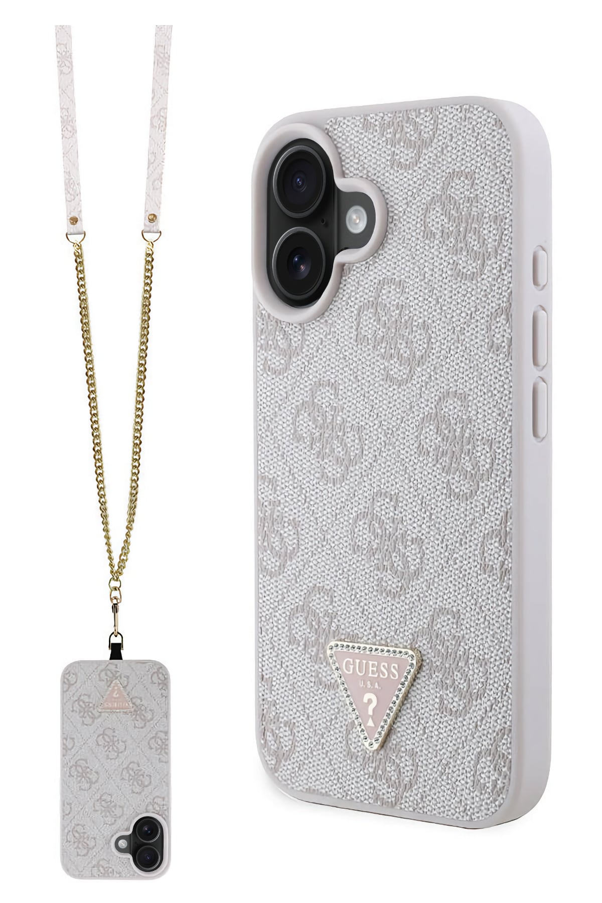 Guess Strass iPhone 16 Uyumlu 4G Desenli Vücut Askılı Kılıf Pembe