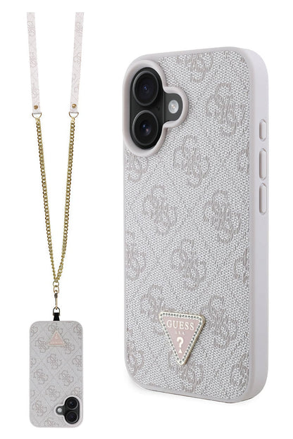 Guess Strass iPhone 16 Uyumlu 4G Desenli Vücut Askılı Kılıf Pembe