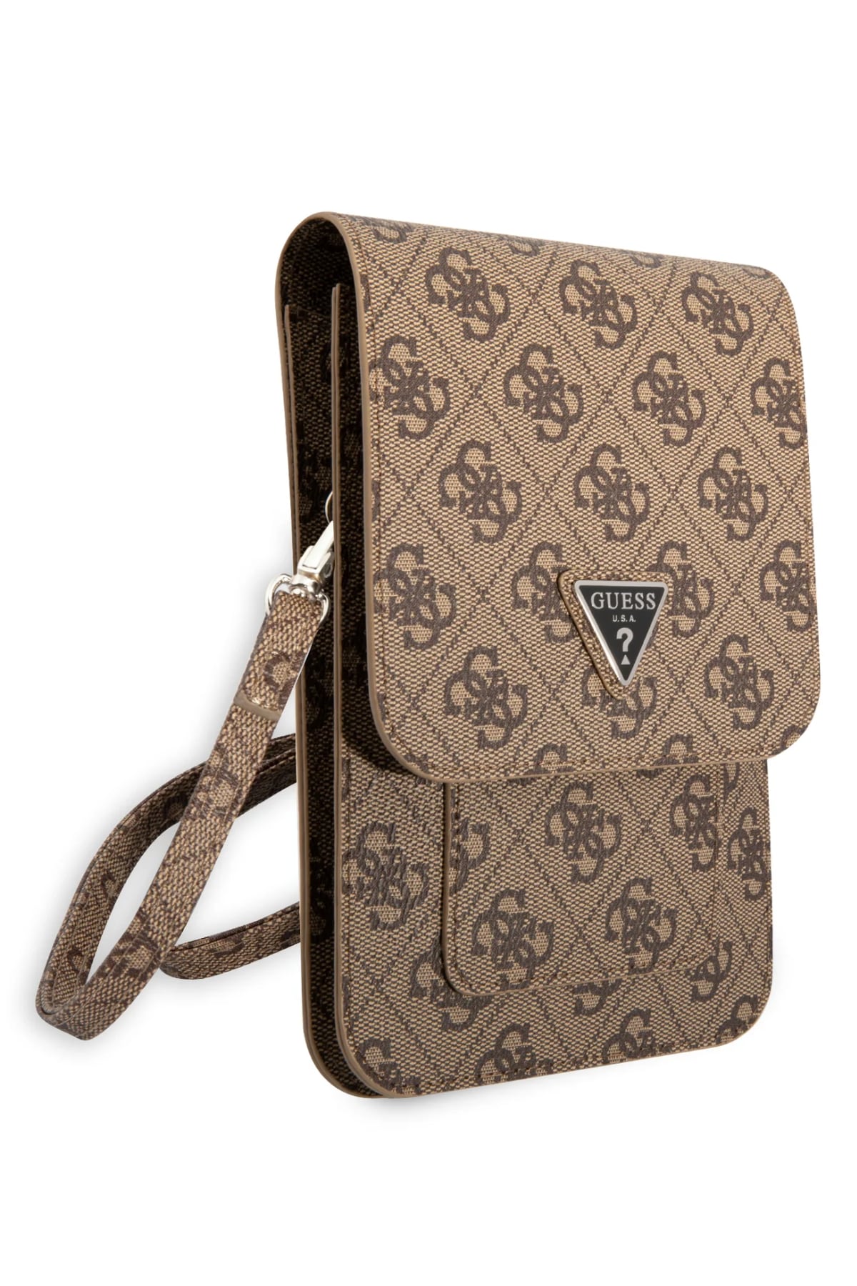 Guess Triangle Logolu Telefon Çantası Kredi Kartlıklı Kahverengi