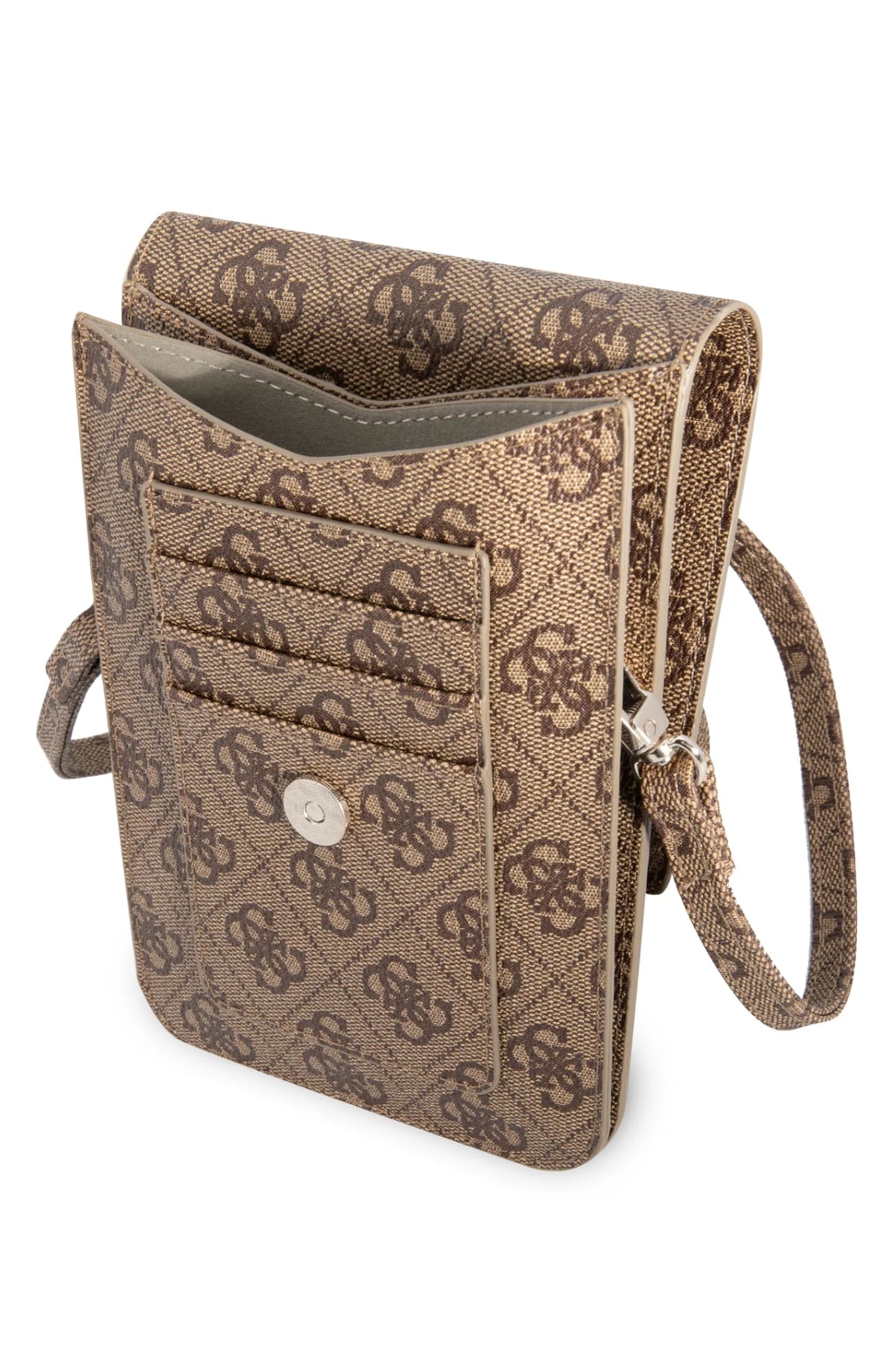Guess Triangle Logolu Telefon Çantası Kredi Kartlıklı Kahverengi