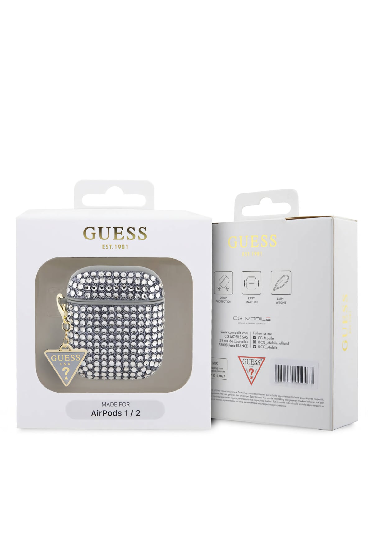 Guess Apple Airpods 2. Nesil Kılıf Taş Kaplamalı Üçgen Logo Süslü Gümüş