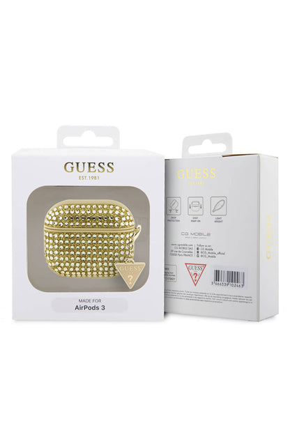 Guess Apple Airpods 3. Nesil Kılıf Taş Kaplamalı Üçgen Logo Süslü Gold