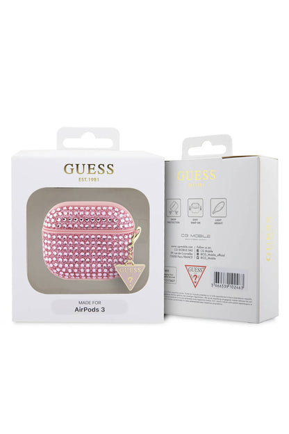 Guess Apple Airpods 3. Nesil Kılıf Taş Kaplamalı Üçgen Logo Süslü Pembe
