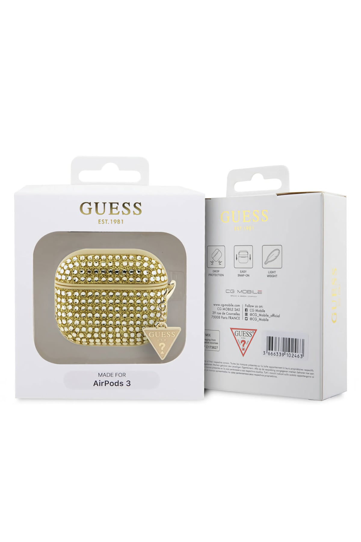 Guess Apple Airpods Pro 2. Nesil Kılıf Taş Kaplamalı Üçgen Logo Süslü Gold
