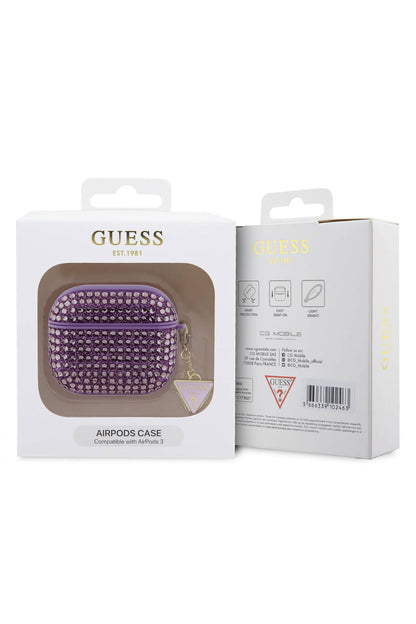 Guess Apple Airpods Pro 2. Nesil Kılıf Taş Kaplamalı Üçgen Logo Süslü Mor