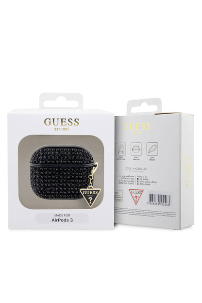 Guess Apple Airpods Pro 2. Nesil Kılıf Taş Kaplamalı Üçgen Logo Süslü Siyah