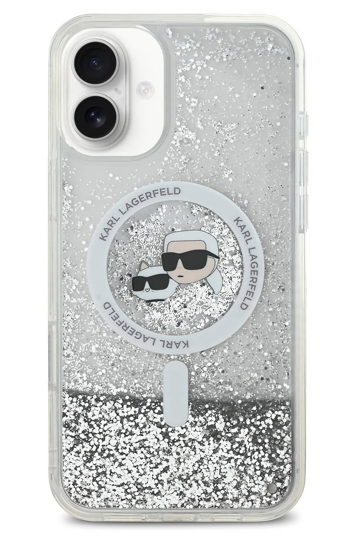 Karl Lagerfeld Heads Sıvı Simli iPhone 16 Magsafe Uyumlu Kılıf Şeffaf