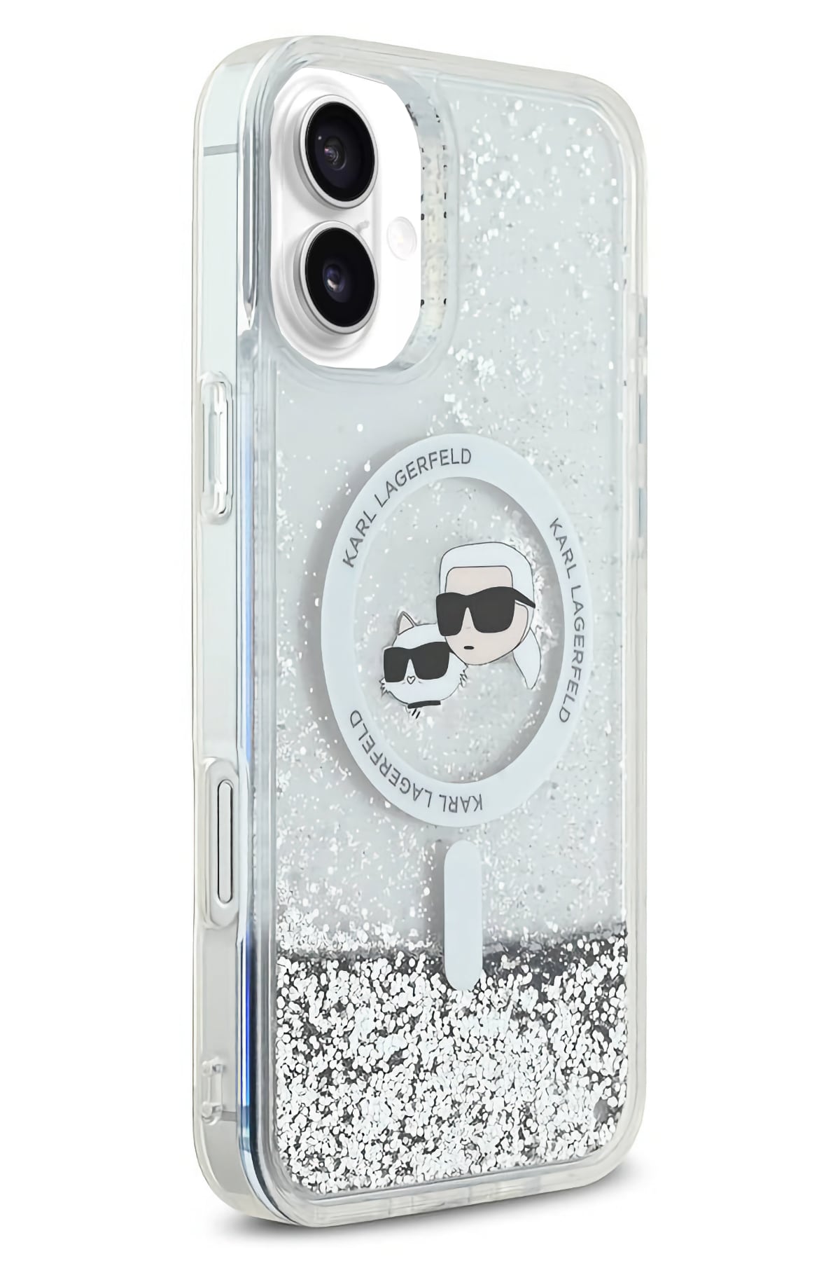 Karl Lagerfeld Heads Sıvı Simli iPhone 16 Magsafe Uyumlu Kılıf Şeffaf