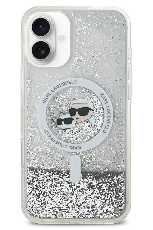 Karl Lagerfeld Heads Sıvı Simli iPhone 16 Plus Magsafe Uyumlu Kılıf Şeffaf
