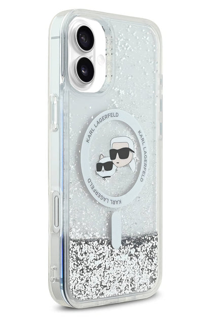 Karl Lagerfeld Heads Sıvı Simli iPhone 16 Plus Magsafe Uyumlu Kılıf Şeffaf