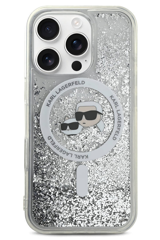 Karl Lagerfeld Heads Sıvı Simli iPhone 16 Pro Magsafe Uyumlu Kılıf Şeffaf