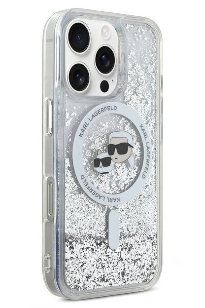 Karl Lagerfeld Heads Sıvı Simli iPhone 16 Pro Magsafe Uyumlu Kılıf Şeffaf
