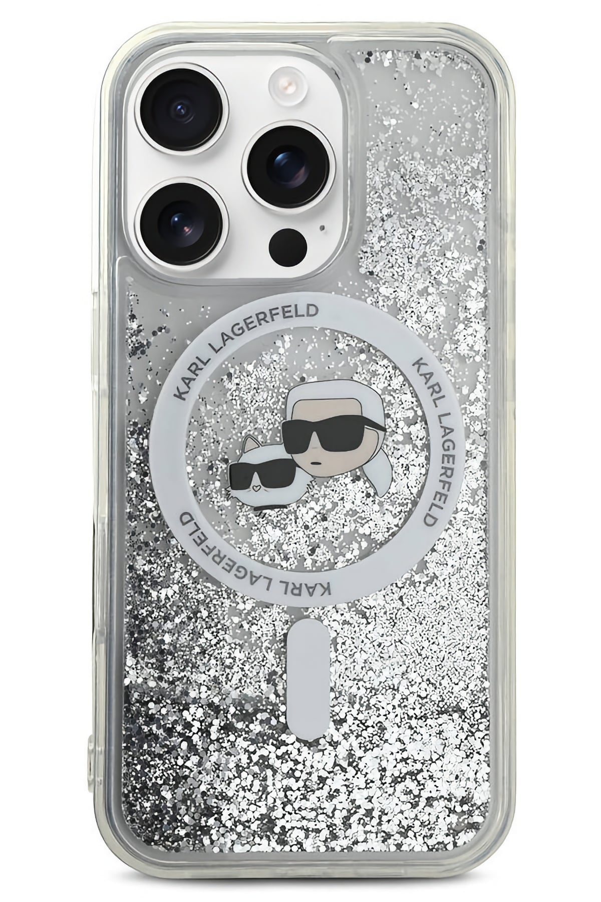 Karl Lagerfeld Heads Sıvı Simli iPhone 16 Pro Max Magsafe Uyumlu Kılıf Şeffaf