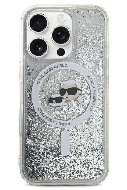 Karl Lagerfeld Heads Sıvı Simli iPhone 16 Pro Max Magsafe Uyumlu Kılıf Şeffaf