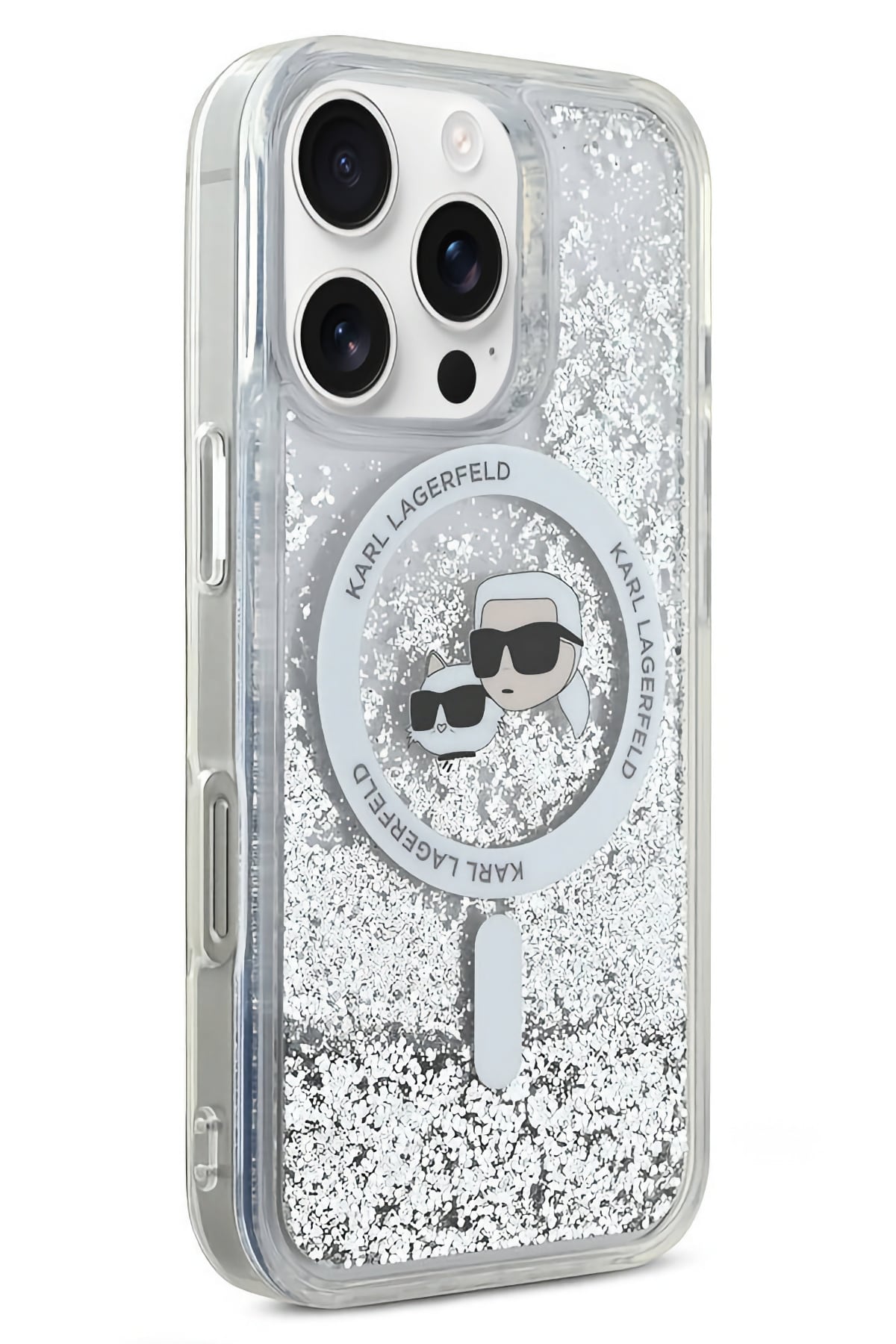 Karl Lagerfeld Heads Sıvı Simli iPhone 16 Pro Max Magsafe Uyumlu Kılıf Şeffaf