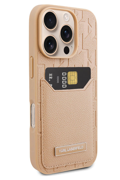 Karl Lagerfeld Monogram iPhone 16 Pro Kartlıklı Kılıf Krem