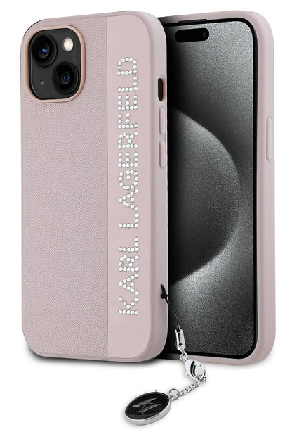 Karl Lagerfeld Saffiano Rhinestones iPhone 14 Kılıf Pembe