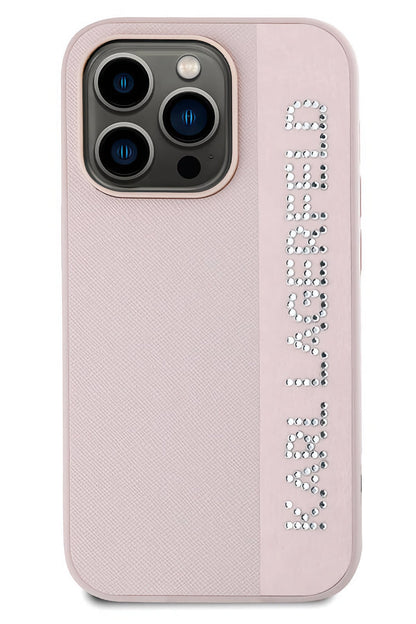 Karl Lagerfeld Saffiano Rhinestones iPhone 14 Pro Max Kılıf Pembe