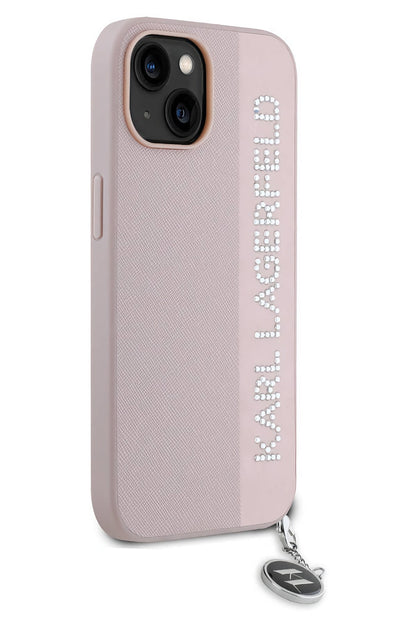 Karl Lagerfeld Saffiano Rhinestones iPhone 15 Kılıf Pembe
