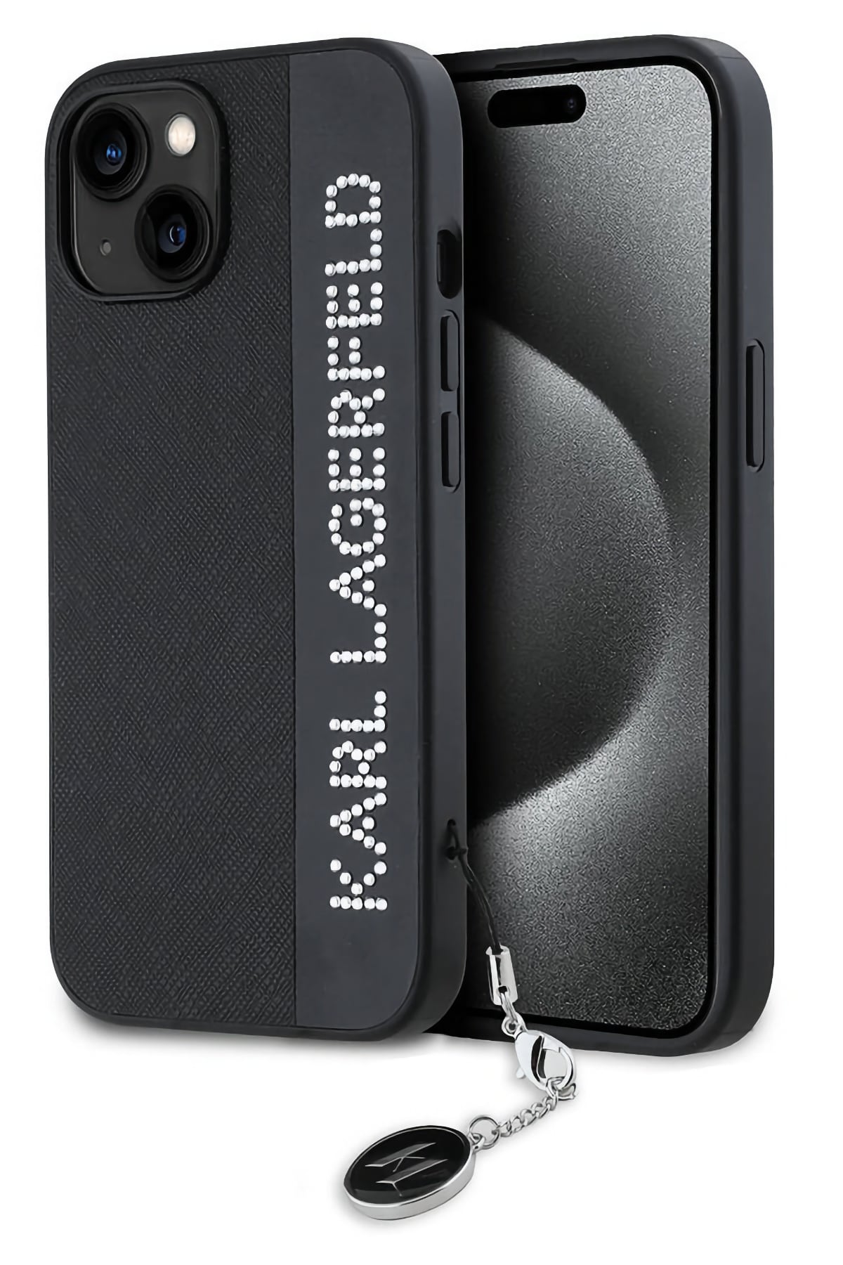 Karl Lagerfeld Saffiano Rhinestones iPhone 15 Kılıf Siyah