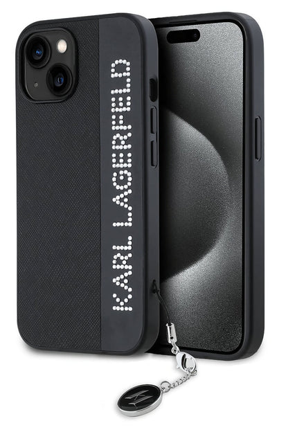 Karl Lagerfeld Saffiano Rhinestones iPhone 15 Kılıf Siyah