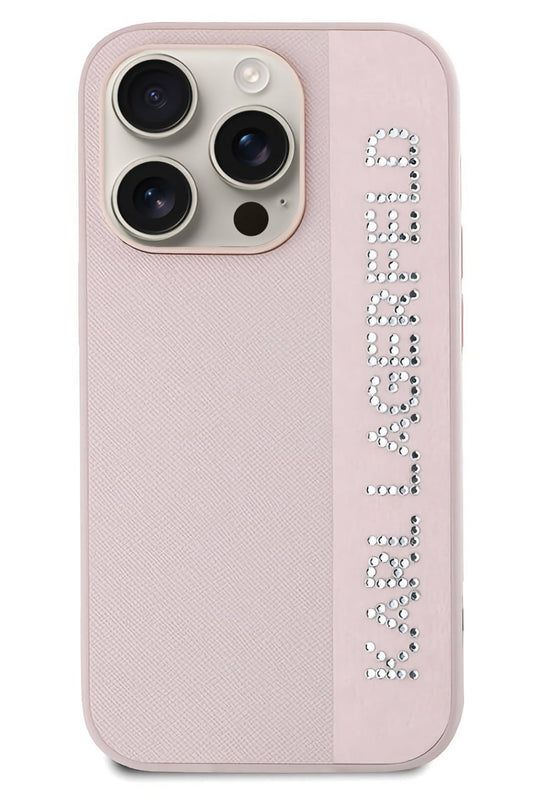 Karl Lagerfeld Saffiano Rhinestones iPhone 15 Pro Kılıf Pembe