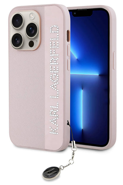 Karl Lagerfeld Saffiano Rhinestones iPhone 15 Pro Kılıf Pembe