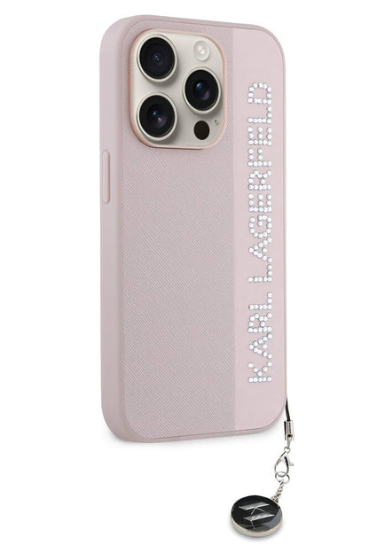 Karl Lagerfeld Saffiano Rhinestones iPhone 15 Pro Kılıf Pembe