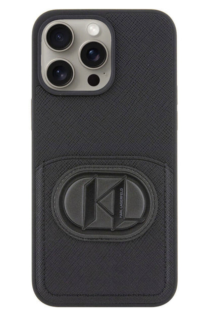 Karl Lagerfeld iPhone 15 Pro Max Uyumlu Saffiano K&L Patch Kartlıklı Kılıf Siyah
