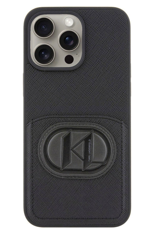 Karl Lagerfeld iPhone 15 Pro Max Uyumlu Saffiano K&L Patch Kartlıklı Kılıf Siyah