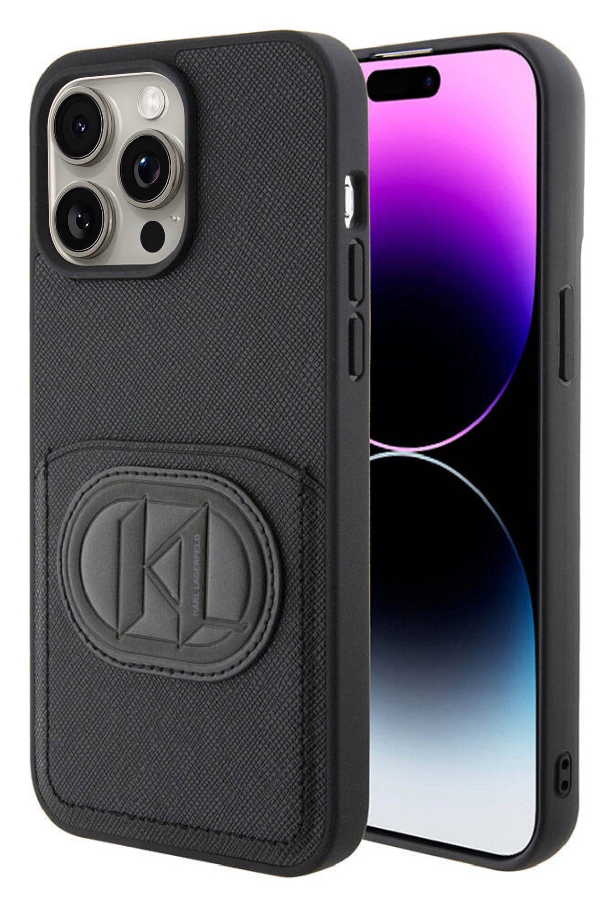 Karl Lagerfeld iPhone 15 Pro Max Uyumlu Saffiano K&L Patch Kartlıklı Kılıf Siyah