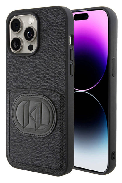 Karl Lagerfeld iPhone 15 Pro Max Uyumlu Saffiano K&L Patch Kartlıklı Kılıf Siyah