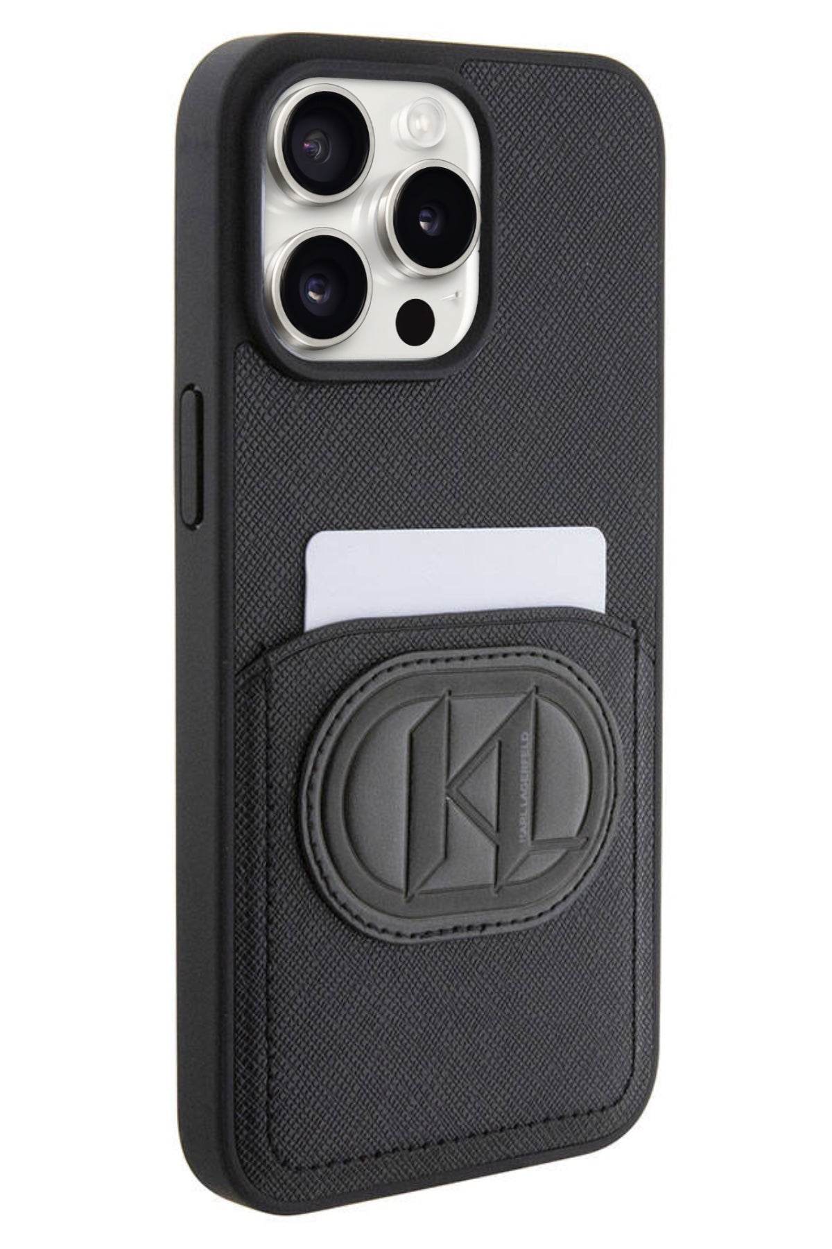 Karl Lagerfeld iPhone 15 Pro Max Uyumlu Saffiano K&L Patch Kartlıklı Kılıf Siyah