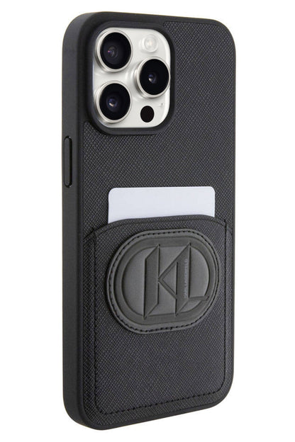 Karl Lagerfeld iPhone 15 Pro Max Uyumlu Saffiano K&L Patch Kartlıklı Kılıf Siyah
