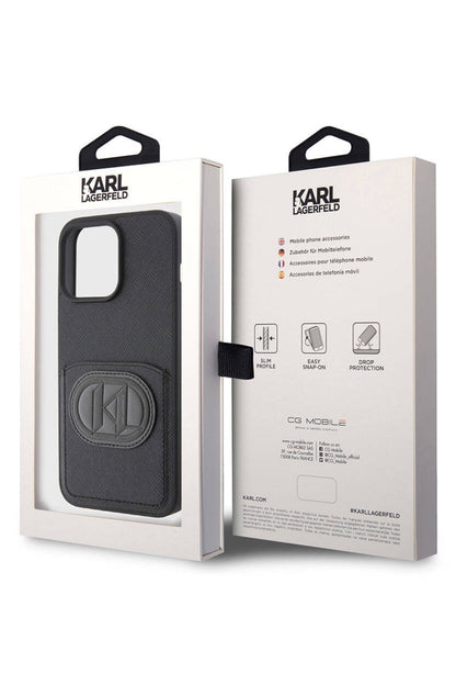 Karl Lagerfeld iPhone 15 Pro Max Uyumlu Saffiano K&L Patch Kartlıklı Kılıf Siyah
