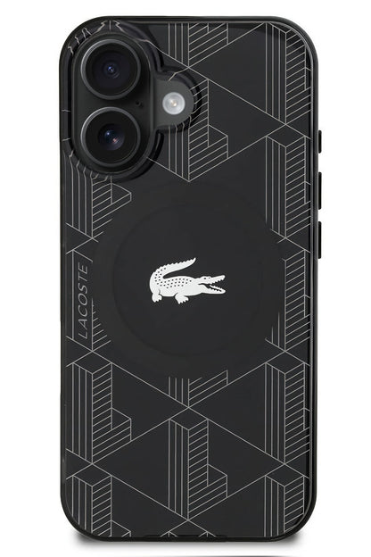 Lacoste Monogram iPhone 16 Magsafe Uyumlu Silikon Kılıf Siyah