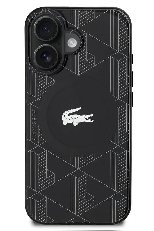 Lacoste Monogram iPhone 16 Magsafe Uyumlu Silikon Kılıf Siyah