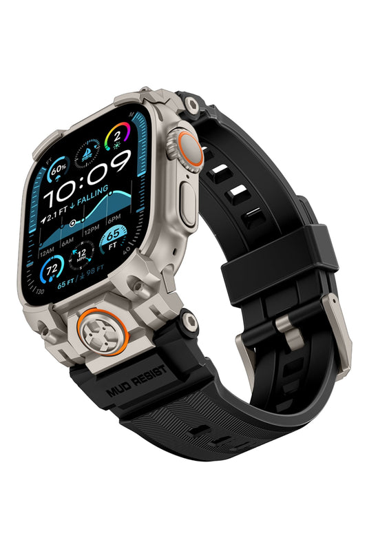 Mohseven Armor Apple Watch Ultra Uyumlu Silikon Titanyum Gri Toka Siyah Kordon