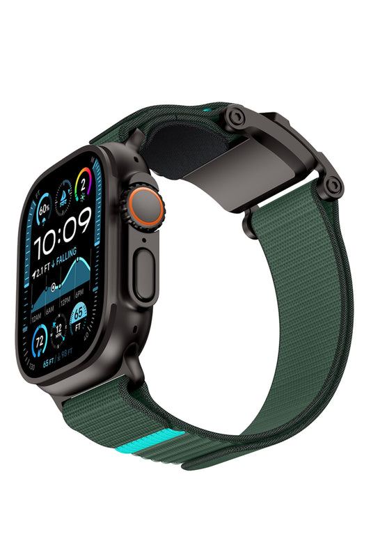 Mohseven Mecha Apple Watch Ultra Uyumlu Hasır Kordon Siyah Yeşil