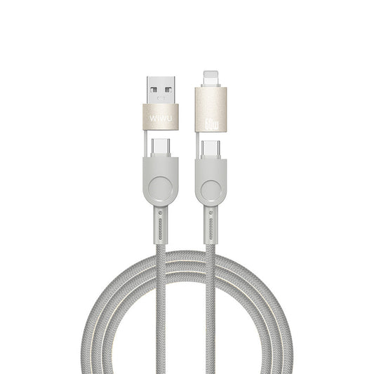 Raptor 4in1 Çoklu USB-A + Type-C to Type-C + Lightning 60W Şarj ve Data Kablosu 2mt