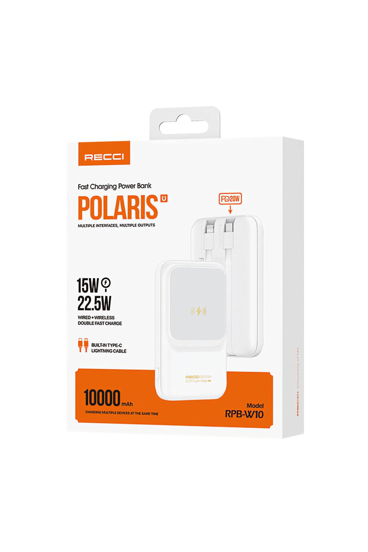 Recci Polaris Çift Kablolu Led Göstergeli 15W 1000mAh Powerbank Beyaz