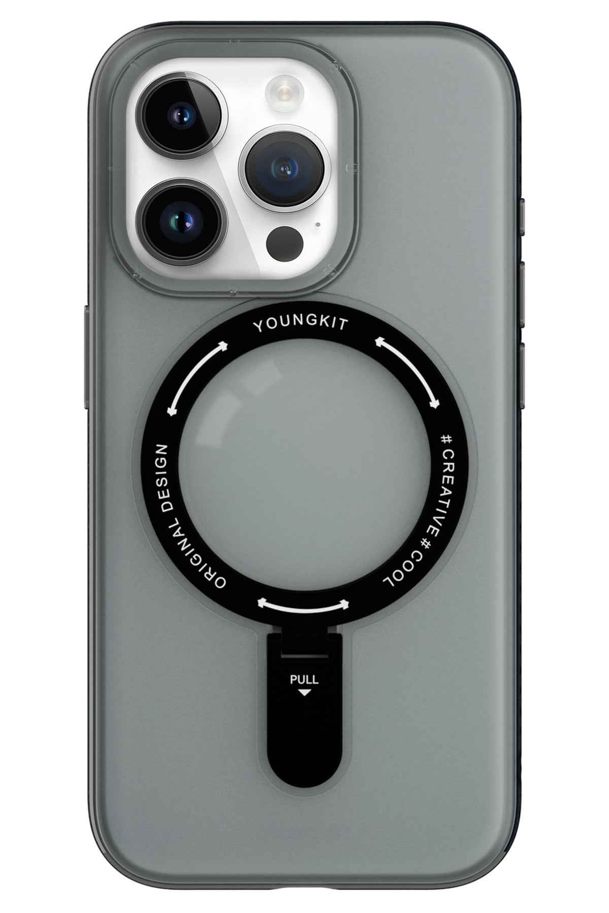 Youngkit Rock iPhone 15 Pro Uyumlu Magsafe Buzlu Siyah Stand Kılıf